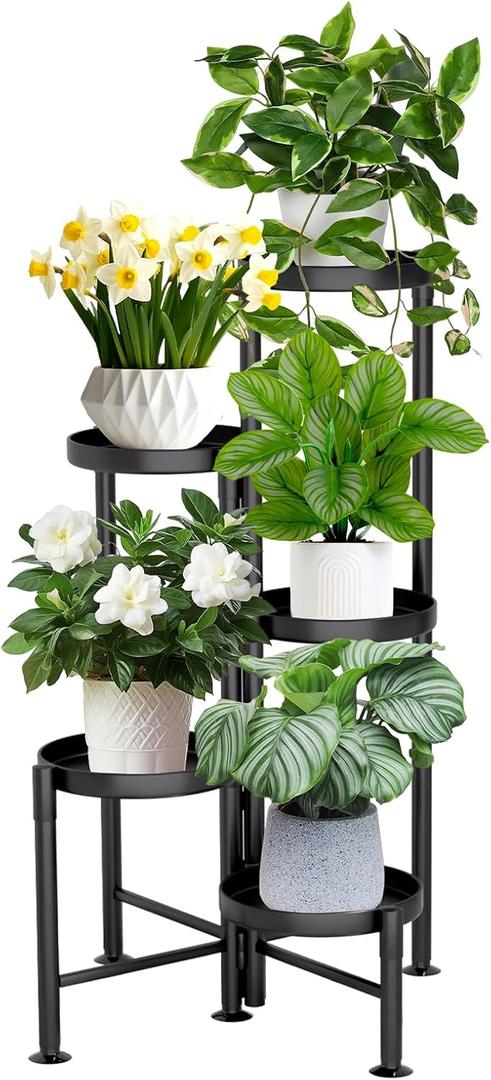 KISENG 5 Tier Plant Stand Indoor, Metal Corner Plant Shelf Outdoor, Foldable Tall Plant Rack for Mutiple Plants, Flower Pot Holder Display Stand for Living Room Patio Home Decor for Gatdening (5 Tier 31.4 in, Black)