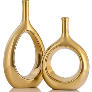 Glossy Gold Ceramic Vase Set 2, Modern Hollow Circle with Hole Flower Vase for Home Decor, for Table Centerpieces, Farmhouse, Fire Place, Living Room, Bedroom, Office, Bookshelf, Rustic Decor