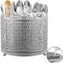 Rotating Utensil Holder for Kitchen - Silverware Caddy Fast-Drying Flatware Organizer 4 Compartment Large Cutlery Holder Utensils Caddy with Handle For Kitchen Countertop Party Picnic Table Silver