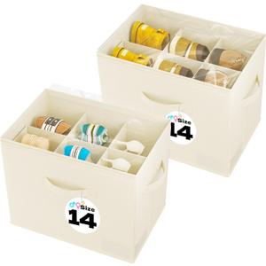 Fabric Shoe Storage Bins for Men Size 14, Shoe Organizer for Closet with Clear Cover and Adjustable Dividers, 6-Slot Shoe Storage Box Fits Up to 6 Pairs, 2Pack, Beige
