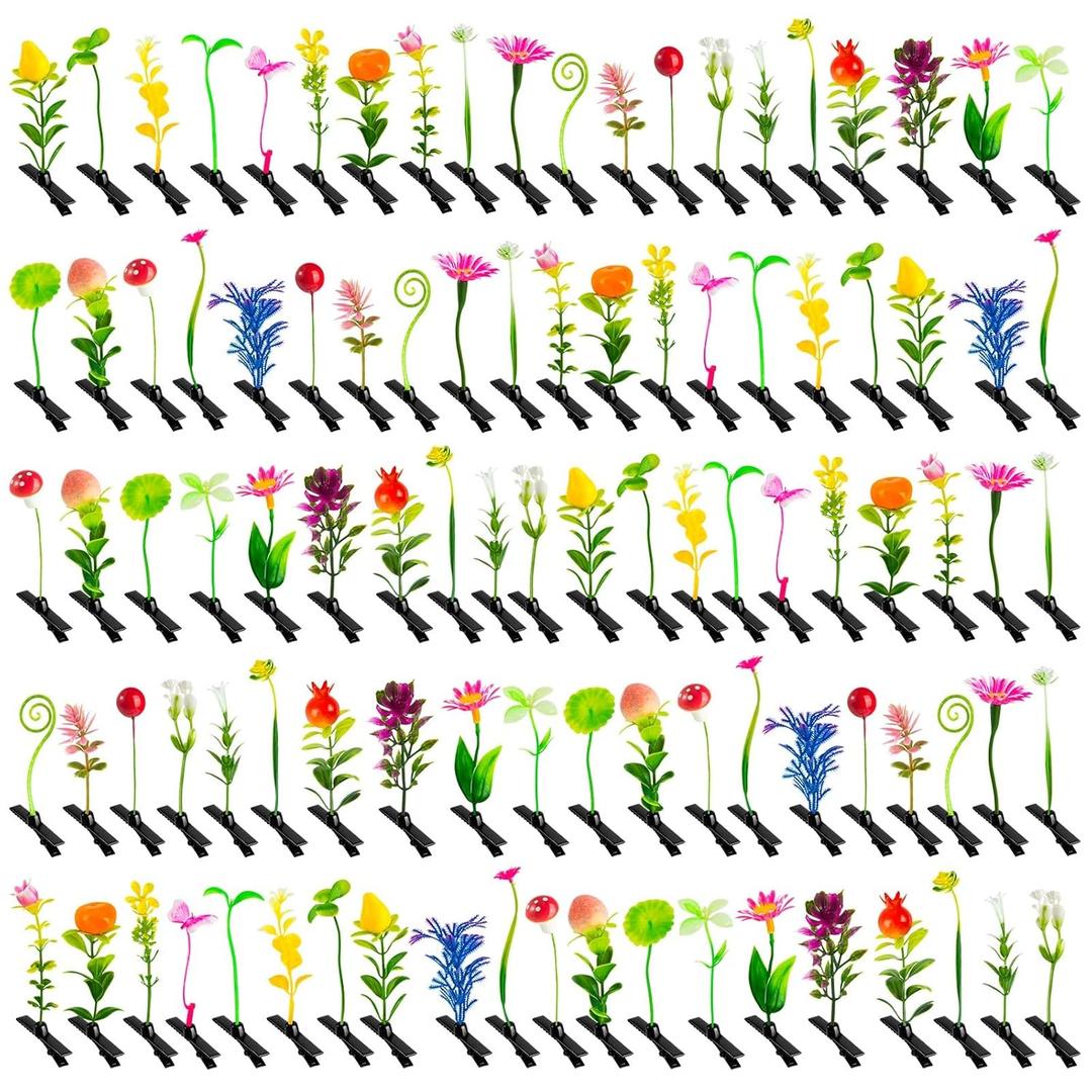 100 Pcs Sprout Clips Mixed Style Plant Hairpins Little Grass Sprout Hair Clips Butterfly Mushroom Hair Accessories Gift for Women Girls Kids Party School