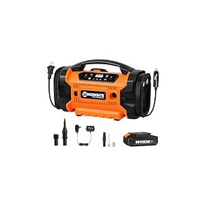 WORKSITE Tire Inflator Air compressor Portable, 160 PSI Car Tire Pump with 3 Power Supply (110V AC, 12V DC & 20V Battery) for cars, bikes, balls,Orange