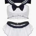 Sexy Sailor Lingerie Set - Sheer Mesh Babydoll with Bow Tie & Open Back, Matching G-String and Mini Skirt, Y2K Roleplay Costume for Women, XL