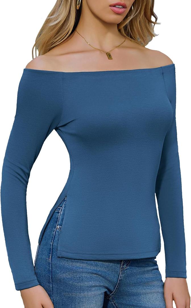 Totatuit Womens Off Shoulder Tops Long Sleeve T Shirt Cute Y2K Going Out | Flattering Silhouette Design, Highlights Collarbone Elegantly, Relaxed Fit for Every Body Type (Blue)
