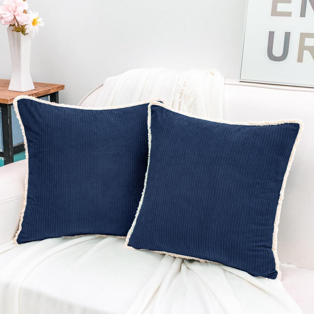 HWY 50 Navy Blue Chenille Throw Pillow Covers 18x18 Inch with Tassels Fringe, Pack of 2, Soft Boho Farmhouse Cushion Cases for Couch Sofa Bed Living Room