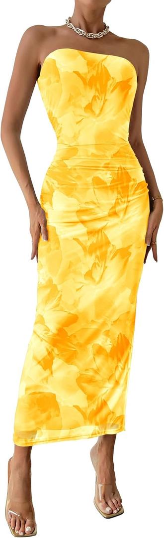 PRETTYGARDEN Women's Summer Maxi Bodycon Dresses Strapless Tube Top Slit Floral Printed Party Club Long Dress , Medium