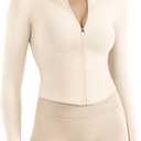 YEOREO SoftHue Women's Athletic Jacket Cropped Long Sleeve Workout Top Zip Up Gym Compression Shirts with Thumb Holes (Large, Off-white)