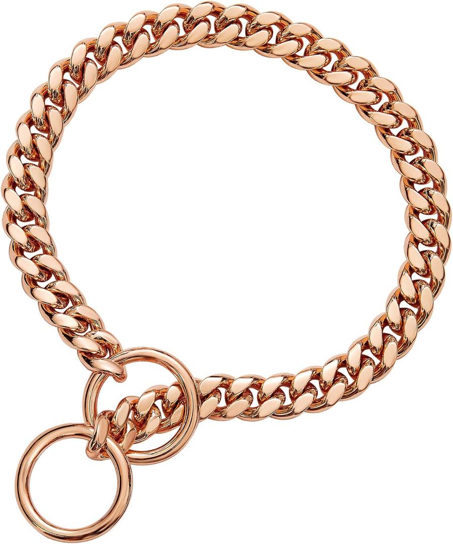 txprodogchains 18K Gold Chain Dog Collar 10MM Cuban Link Chain Stainless Steel Metal Links Walking Training Collar for Small Medium Large Dogs 10in to 24in, Rose Gold (10" (Neck Fits 6"-8"))