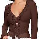 GORGLITTER Women's Sheer Mesh Tops Long Bell Sleeve Tie Front Vintage Ruffle Blouse Shirt M