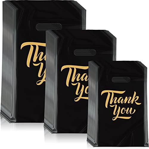 Jeyiour  Thank You Merchandise Bags 2 Size Shopping Bags for Business with Handles Thank You Gift Plastic Boutique Goodie Sacks for Wedding Stores Packaging(Black)