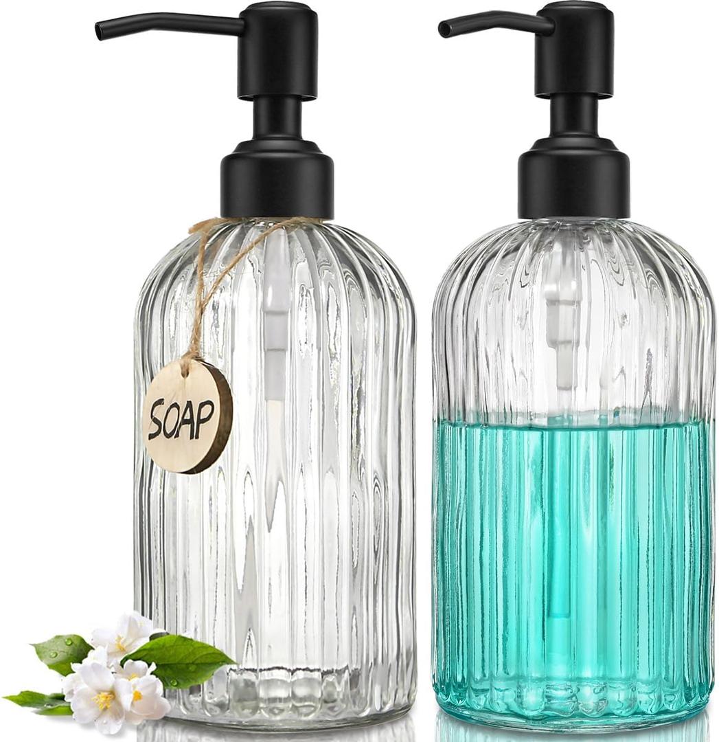 JASAI 2PACK 18Oz Simple Glass Soap Dispensers with Black Pump, Refillable Kitchen soap Dispenser with Vertical Stripe, Bathroom Soap Dispenser for Bathroom Hand soap, Dish Soap, Lotion