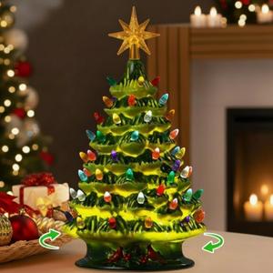 Rotating Ceramic Christmas Tree, Lighted up Christmas Tree with 64 Multicolor Lights & Star Topper, Pre-lit Hand-Painted Xmas Decor for Home Tabletop Kitchen, Xmas Gifts(Gold)