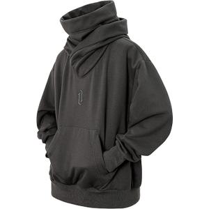 Fleece Hoodies for Men Cowl Neck Sweatshirts Hood with neck Gaiter Casual Pullover Fall Winter with Embroidery (3X-Large, Grey)