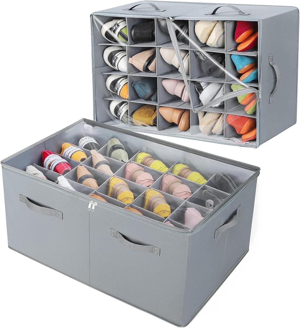 TOPIA HOME Shoe Organizer for Closet 2 Pack, Foldable Shoe Box with Adjustable Dividers and Clear Cover, Space Saving Shoe Storage Organizer Cabinet with Reinforced Handles, Fits 40 Pairs, Gray, TP11G
