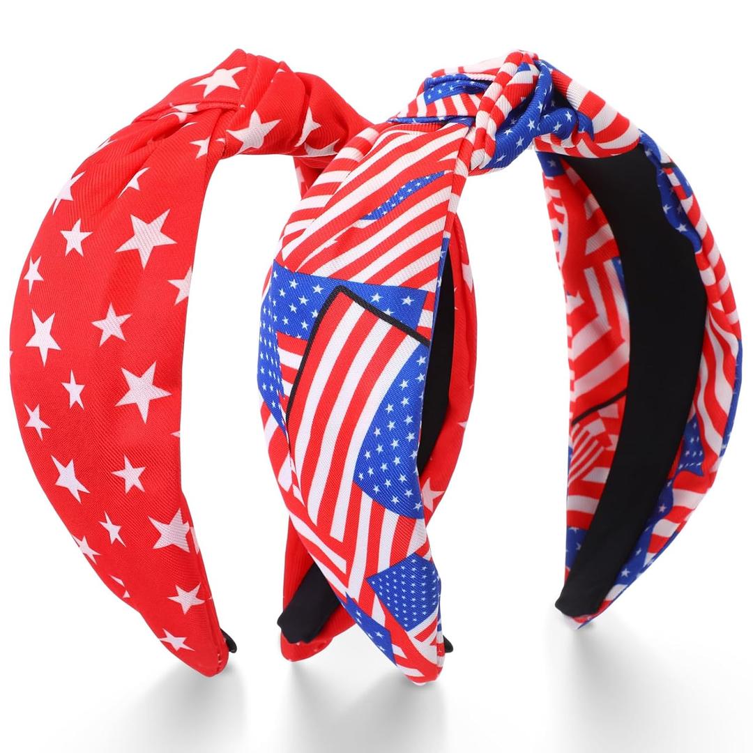 2 x 2 Pack 4th of July Headbands for Women American Wide Knotted Hairband USA Blue Patriotic Holiday Accessories for Independence Day Gifts