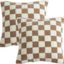 Brown Decorative Pillow Covers 20x20 inch Set of 2 Checkerboard Faux Fur Pillow Cases Soft Sherpa Cushion Cases for Couch Sofa Bed