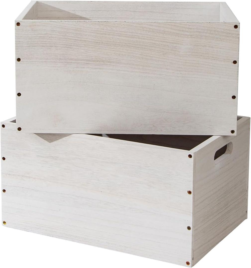 2 PackWood Storage Box 18.9×13×9.8 Inch with Handles, Stackable Wooden Organizer Crate for Home Closet Kitchen Bathroom, 2 Colors Vintage White & Black (Vintage White)