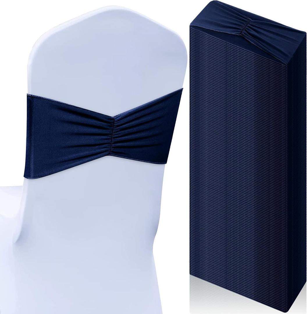 Moukeren 50 Pcs Spandex Chair Sashes Bows Stretch Chair Bands Slider Sashes Elastic Ties Ribbon Covers for Wedding Party Events Ceremony Birthday Banquet Decorations(Navy Blue)