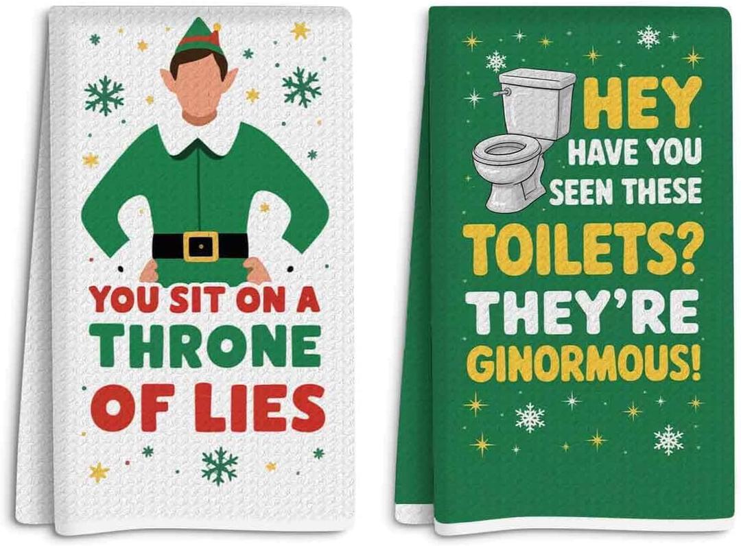 2 Pcs Ultra Soft Elf - Themed Dish Towels, Playful Seasonal Decor Absorbent Decorative Waffle Weave Bath Towel Kitchen Dish Guest Towels for Kitchens Homes Bathrooms Restaurant Hotel Cafe (Multicolor 339)
