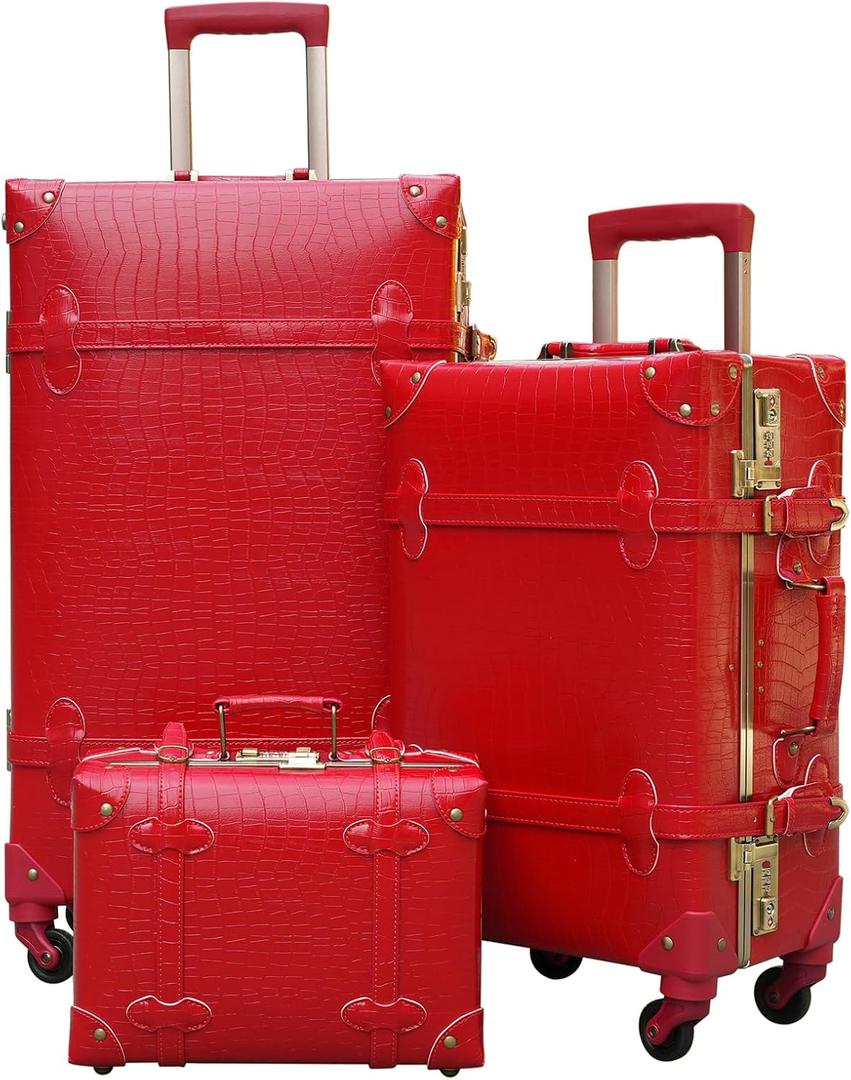 urecity Vintage Luggage Sets of 3 Piece - Hardside Lightweight Spinner Suitcases - Retro Travel Set includes Under Seat Train Case, 26"+20"+12" (Red Alligator)