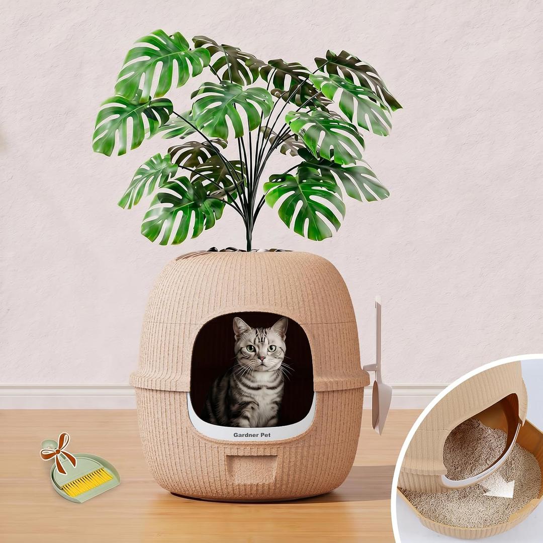 Hidden Cat Litter Box with Faux Plant & Scoop, Drawer Decorative Litter Box Enclosure with Odor Controlled Carbon Filter, Effortless Refilling, Scooping & Cleaning, Leak-Proof Design, Sandblasted, 19.7"(d) x 19.3"(H)