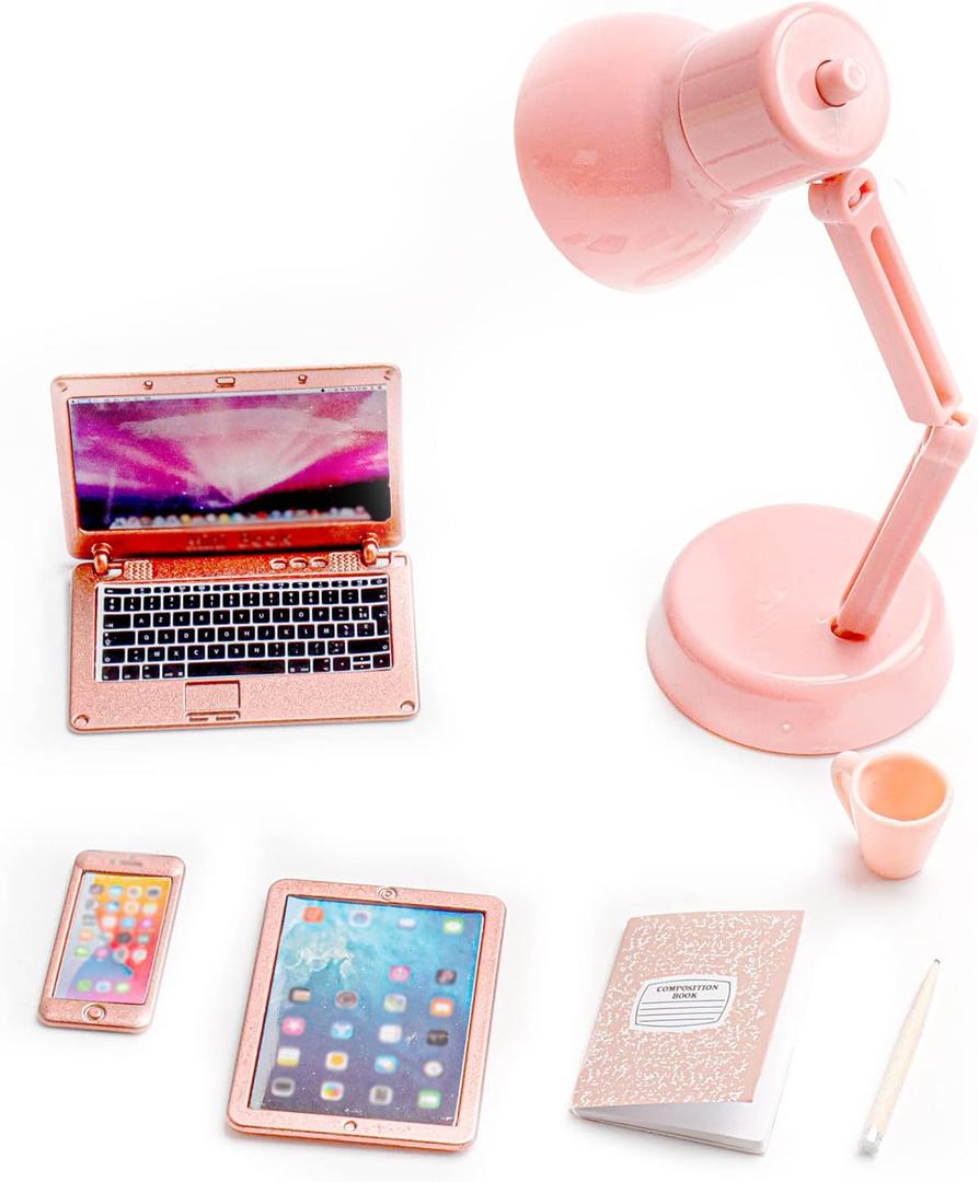 7 Pcs Miniature Laptop Tablet Phone Mini Books Desk Lamp Miniature Office Mini House Accessories, Pink