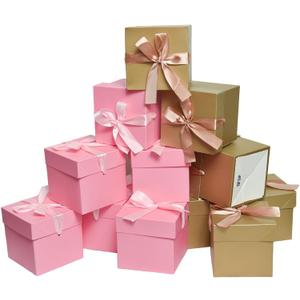 6 Gold & 6 Pink Gift Boxes with Lids,12 Pcs,10x10x10cm Beautiful Squared Boxes with Ribbons and Lids Perfect for Mother's Day Father's Day, New Year Gift Box4x4x4 Inch