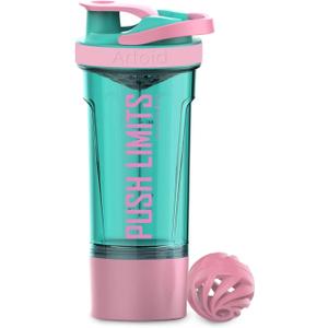 Artoid Mode Inspirational Fitness Workout Sports Protein Shaker Bottle 24-Ounce, Dual Mixing Technology with Shaker Balls & Mixing Grids Included, Twist and Lock Protein Box Storage Included (Cream Pink/Aqua Green)