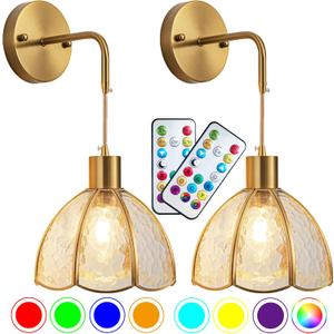Battery Operated Wall Sconces Set Of Two, Indoor Not Hardwired Battery Wall Light With Remote Control, RGB Color Changing Dimmable Battery Powered Wall Lamp For Bedroom, Easy To Install, Bulb Included (Transparent)