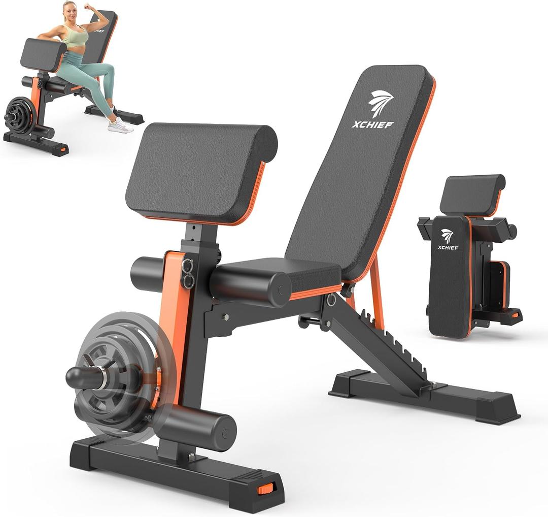 Adjustable Weight Bench - 1000LBS Capacity Heavy Duty Foldable Workout Bench for Full Body Exercise, Flat/Incline/Decline, Bench Press for Home Gym with Preacher Pad & Leg Extension (Orange-Black 1000LBS), 52.8" X 25.2" X 35~40.6"