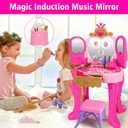AugToy Toddler Vanity Magic Makeup Set Table and Chair Girl Toy Automatically Mirror with Music Light Pink Toys Girls Hair Salon Pretend Play Princess Dress Up Playset Gift Toddler