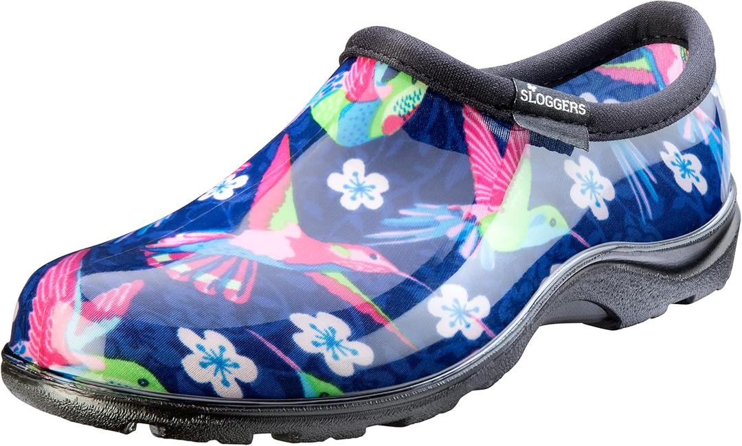 Sloggers Original Waterproof Rain and Garden Shoe for Women– Outdoor Slip-On Garden Clog - Made in The USA with Premium Comfort Insole and Arch Support - Blue/Pink Hummingbird Print, Size 10
