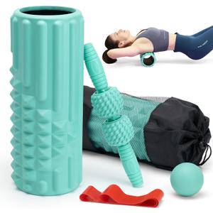 5 in 1 Foam Roller Set, High Density Fitness Exercise Foam Roller for Deep Tissue Muscle Massage, Massage Roller, Massage Ball, Resistance Band, for Whole Body(Tiffany Green)