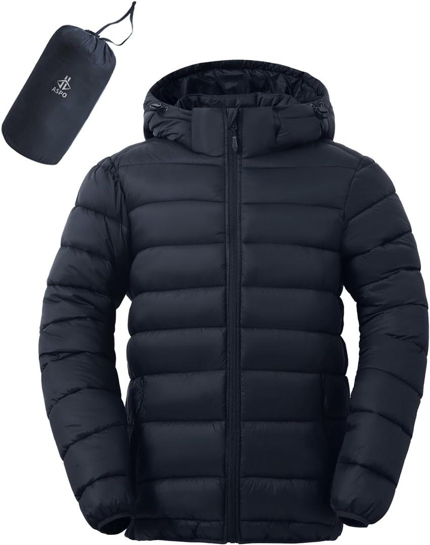 ASPO Men's Packable Puffer Jackets Winter Lightweight Detachable Hood Water-Resistant Down Coats Warm Insulated Hiking Travel (X-Large, Navy Blue)
