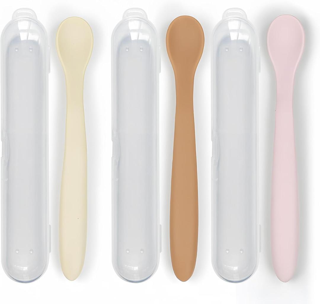 3-Piece Silicone Baby Feeding Spoons with Hygienic Travel Case, First Stage Infant Spoons, Soft-Tip Easy on Gums, Baby Training Spoon,Infant Utensils Feeding Supplies,Dishwasher & Boil-proof (Off-White, Khaki, Light Pink)