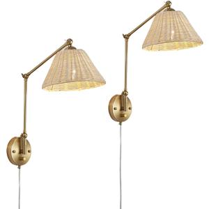 Gold Plug in Dimmable Swing Arm Hand Woven Rattan Wall Sconces Set of 2, Indoor Vintage Wall Light Fixture Wall Mounted Lamp for Bedroom Living Room Bedside Home Office E26 LED Bulb Included (2 Pack Gold New Version)