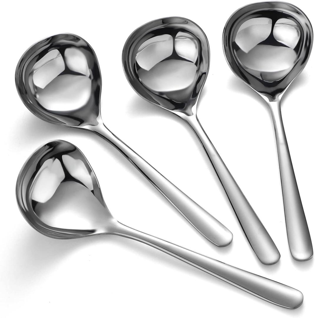 Soup Spoons Stainless Steel Ramen Spoon Set of 4 Heavy Duty Big Spoon Mirror Polished Asian Soup Spoons (Short Handle)