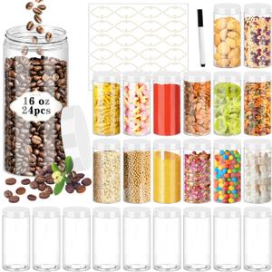 24 Pcs Plastic Jars, 16 OZ Plastic Jars with White Lids Clear Airtight Slime Containers Refillable Round Empty Storage Containers Jar for Kitchen & Household Dry Food Storage