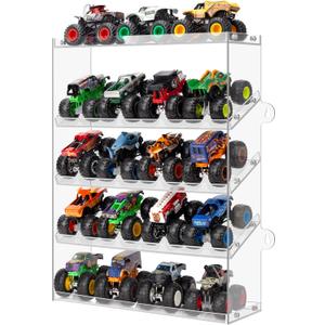 Assembly Monster Trucks Display Case Holding for 20 Monster Trucks Acrylic Storage Case 5 Tiers Monster Trucks Organizer with Tilted Design, Display Case for Toy Trucks (Transparent)
