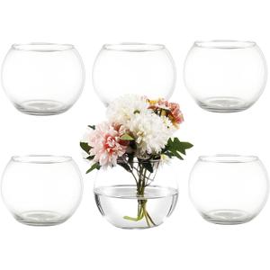 Round Glass Vases Set of 6, Clear Flower Vases for Centerpieces, Glass Bowl Vase, Small Round Vase for Living Room, Bedroom, Kitchen, Dining Table, Office, Wedding, 4 Inches