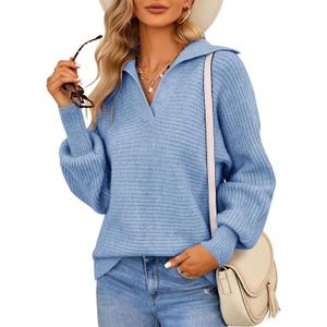 Womens Polo Long Batwing Sleeve V Neck Pullover Sweaters Solid Ribbed Collar Knit Sweater Oversized Chunky Jumper Tops Blue M