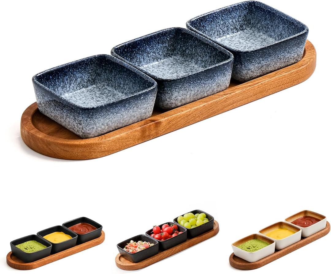Chip and Dip Serving Set, Ceramic Dipping Sauce Bowls with Wooden Tray, 3.5 inch Side Dishes Set of 3 for Entertaining, Party, Buffets, Appetizers, Snacks and Sushi, Blue