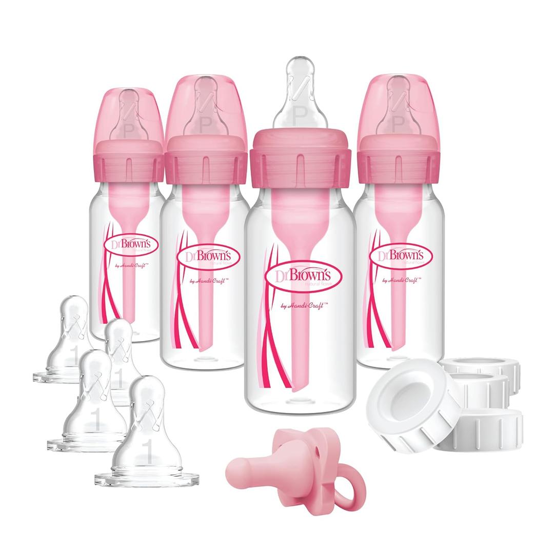 Dr. Brown's Anti-Colic Baby Feeding Set with Slow Flow Nipples, Travel Caps, Silicone Pacifier - Pink (Pink, Breast to Bottle Feeding Set)