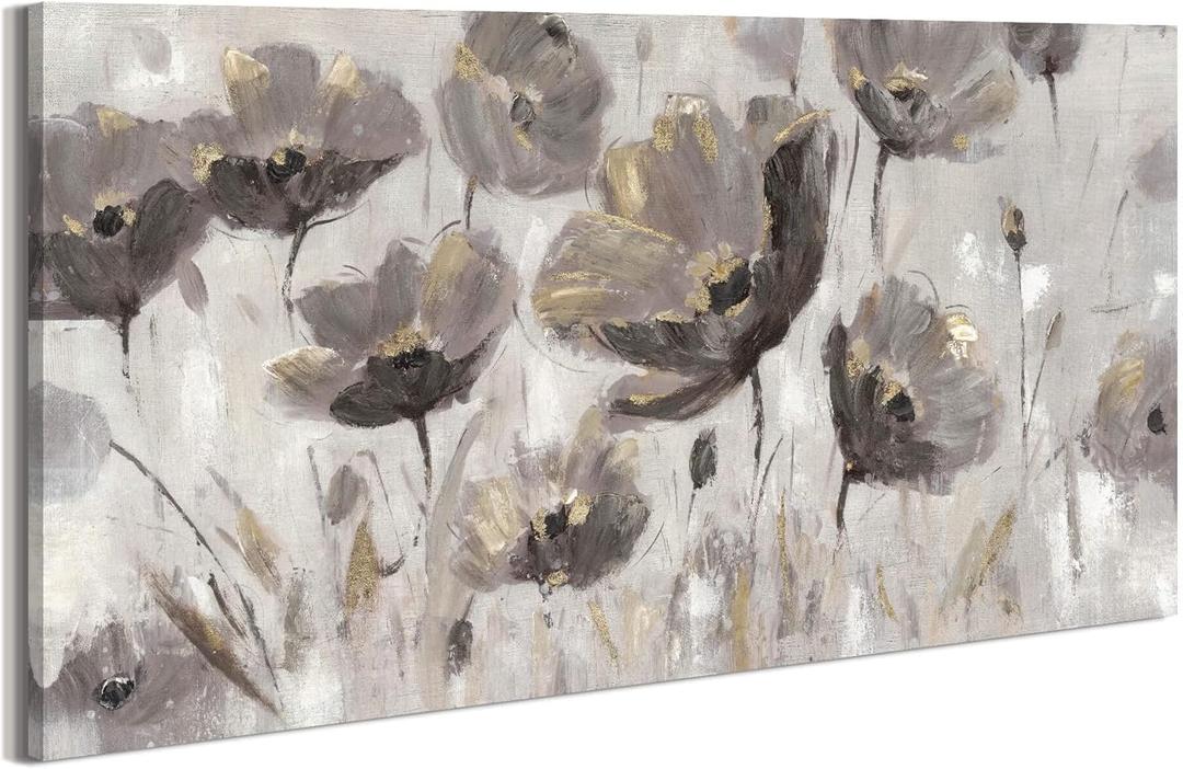Floral Wall Art Canvas Painting: Abstract Flower Picture Decor Large Poppy Blossom Print Horizontal Taupe Wildflower Blooming Botanical Artwork for Living Room Bedroom (48"L x 24"W)