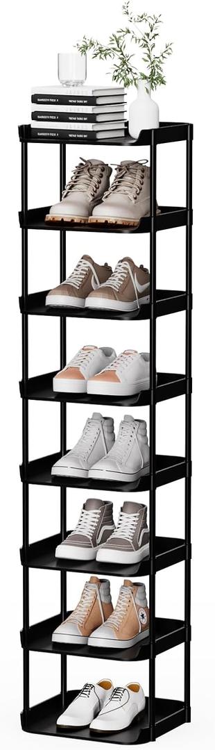 8 Tier Vertical Narrow Shoe Rack, Stackable Tall Skinny Shoerack, Compact Single Shoes Storage Tower for Slim Space, Corner Plastic Shelves, for Hallways, Entryway, Bedrooms Organizer, Black