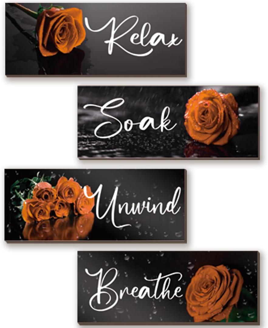 ZINYAZHE 4Pcs Orange Bathroom Decor Rose Wall Decor Wooden Orange Bathroom Accessories with Relax Soak Unwind Breathe Wall Art For Girl Women Bedroom Living Room Home Decoration (10 X 4 Inch)