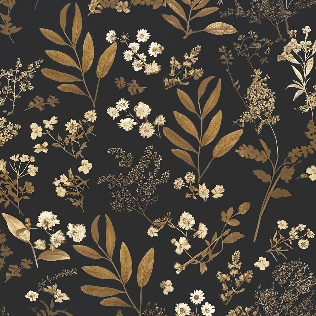 Laatse Vintage Wallpaper Peel and Stick Black Floral Wallpaper 17.5'' x 393'' Gold Leaf Contact Paper Vinyl Waterproof Self Adhesive Boho Botanical Wall Paper for Bedroom Shlef Cabinet Dcor