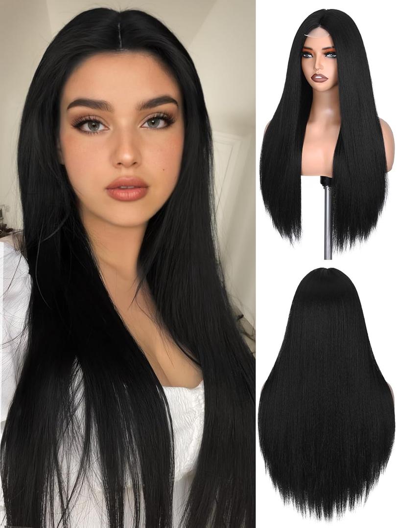 FAVE 26 Inches Black Wigs Straight Black Wig for Women Synthetic Long Black Wig Middle Part Cosplay wig for Party &Halloween Costume&Daily Use