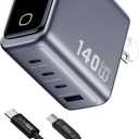 USB C Charger Block 140W Smart Display Touch Control Charging Block Foldable Compact Wall Plug 4 Port PD PPS GaN Charger with 2 Pcs 5Ft Cable for MacBook iPad iPhone 17/16/15 Series Tablet Laptop