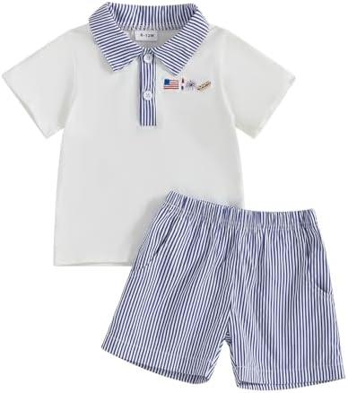 Dewadbow Baby Boy Girl 4th of July Outfit Short Sleeve American Flag Embroidery Polo Shirt Striped Shorts Summer Clothes, 18-24M